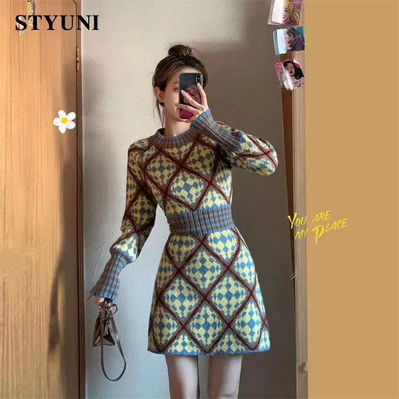 Diamond Ruit Gestreepte Vintage O-hals Pullover Elastische Taille Gebreide Damesjurk Koreaanse Mode Mini-Korte Jurken Voor Dames