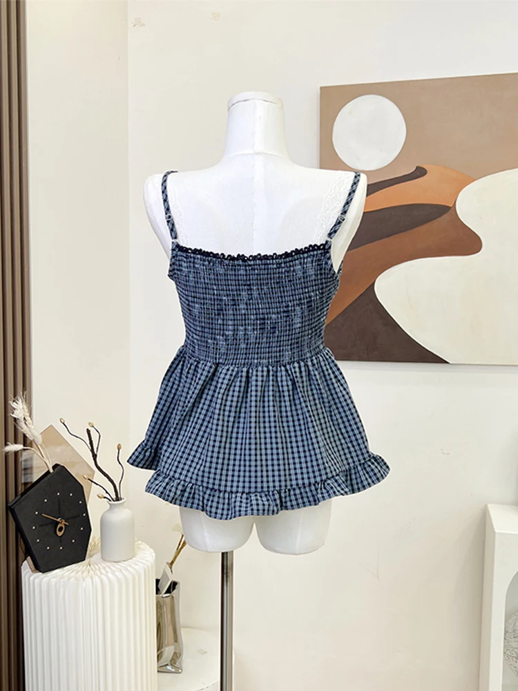 Checkerboard Plaid Vest Women Hot Vintage Camisole Casual Sleeveless Streetwear Harajuku Clothing Summer Lace Patchwork Crop Top