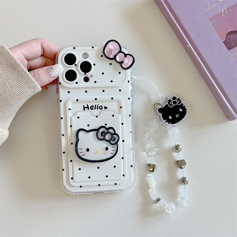 Funda de teléfono con soporte para tarjetas con lazo de Hello Kitty Kawaii de lunares para iPhone 13 15 16 14 Pro Max con cubierta anticaída de cadena