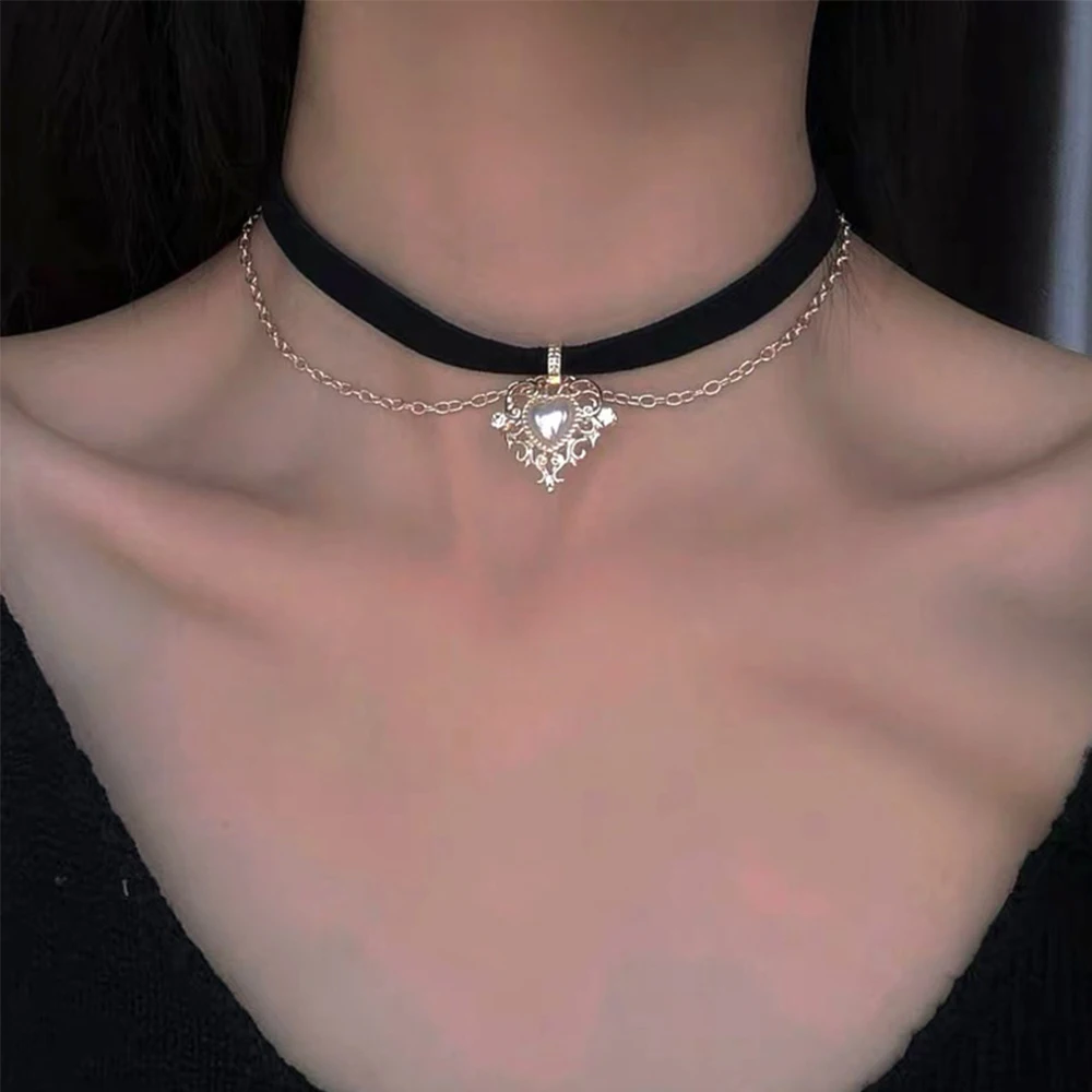 Collier ras du cou en velours vintage pour filles, court, coeur d'amour, pendentif, cadeaux pour femmes, fête