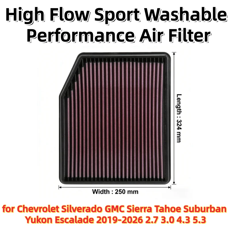 

for Chevrolet Silverado GMC Sierra Tahoe Suburban Yukon Escalade 2019-2026 2.7 3.0 4.3 5.3 High Flow Sport Washable Air Filter