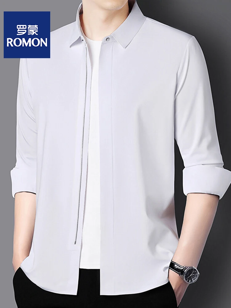 

Мужская рубашка Romon с молнией, новая, высокоэластичная, с длинным рукавом, повседневная, весна-осень, деловая, немнущаяся, не требующая глажки