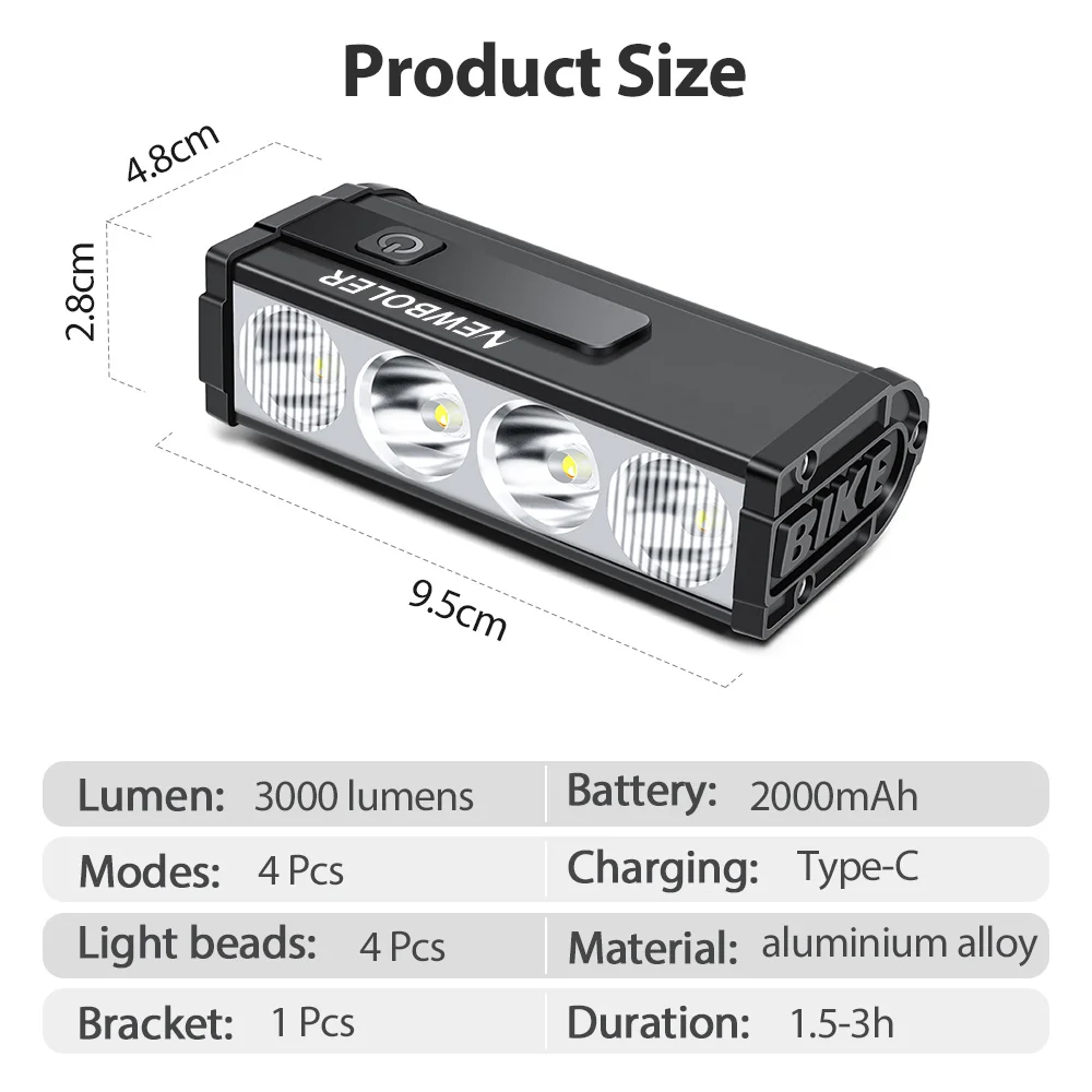 NEWBOLER Bicycle Light Front 3000Lumen Bike Light 2000mAh Waterproof Flashlight USB Charging MTB Road Cycling Lamp Accessories