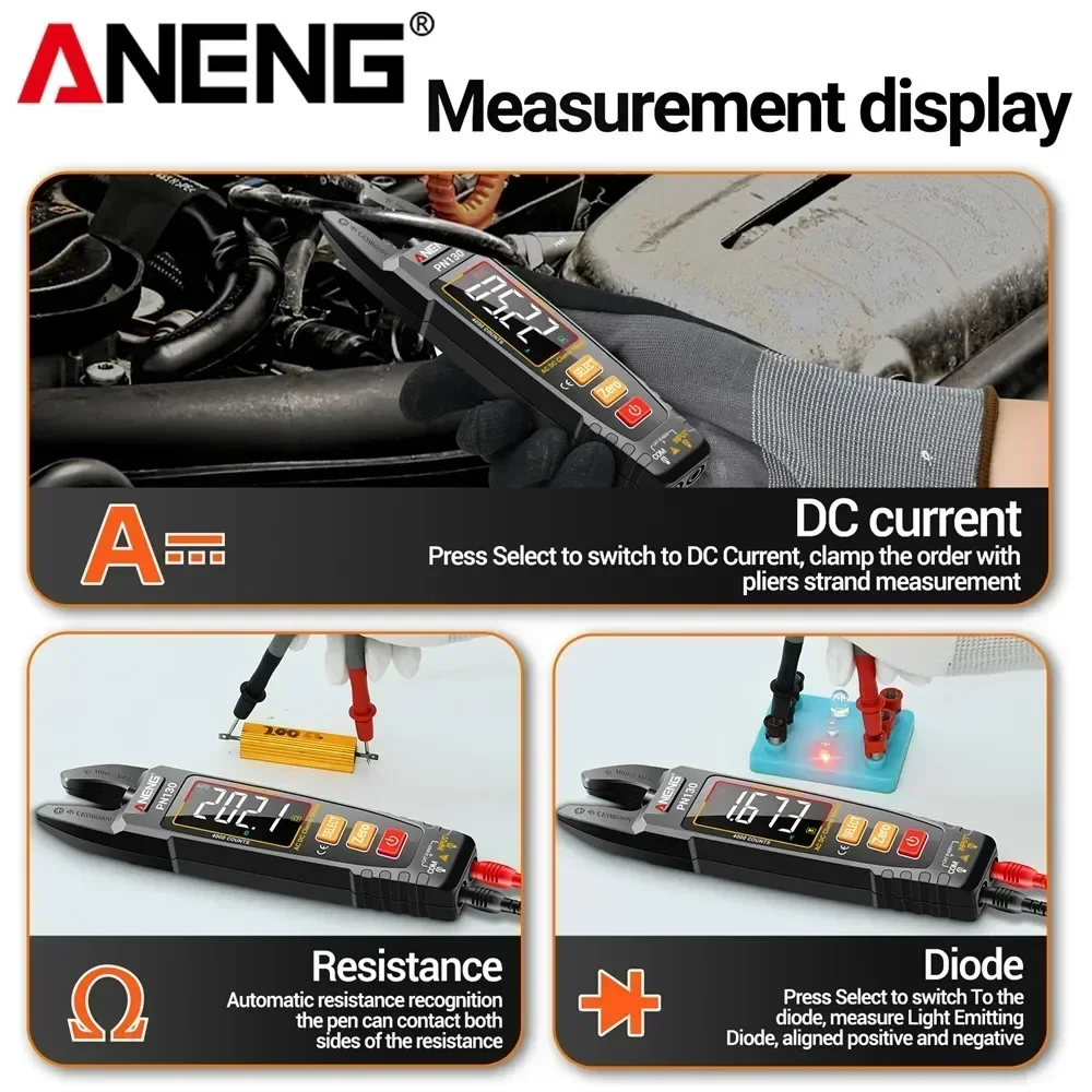 Aneng-リチウム電池プライヤーテスター,AC, DC電圧電流ツール,USB充電,Type-Cケーブルを内蔵したU字型クランプPn130