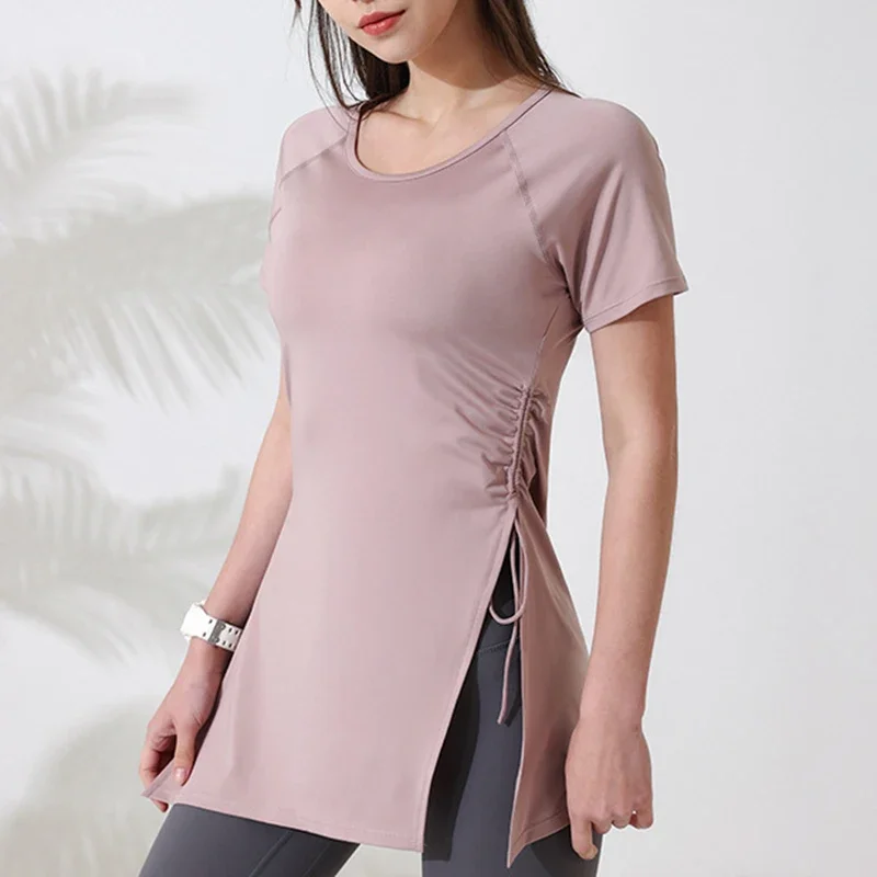 

Women Workout Shirts Short Sleeve Yoga Top Gym Long Shirts Side Drawstring Split Sports Top Female Breathable Fitness Yoga Wear