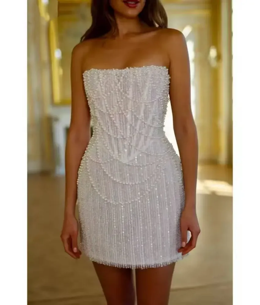 

High Quality White Pearls Beading Prom Dresses Sleeveless Strapless vestidos de noche Mini Skirt Backless Formal Evening
