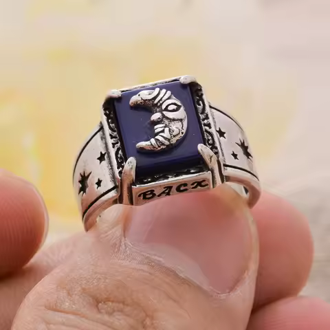 2023 New Arrival Elegant Lapis Lazuli Stone Moon Design Retro Thai Silver Ladies Ring Jewelry For Women Gifts No Fade