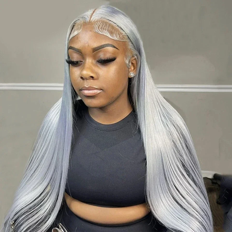 30inch Silver Gray Straight 13x4/13x6 Lace Frontal Human Hair Wig Preplucked Colored Straight Lace Wigs For Women Bling Hair