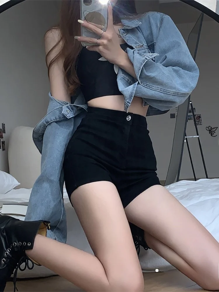 

Женские летние шорты с высокой талией из черного денима, хлопковые, эластичные, прямого кроя, для стильных девушек, базовый слой