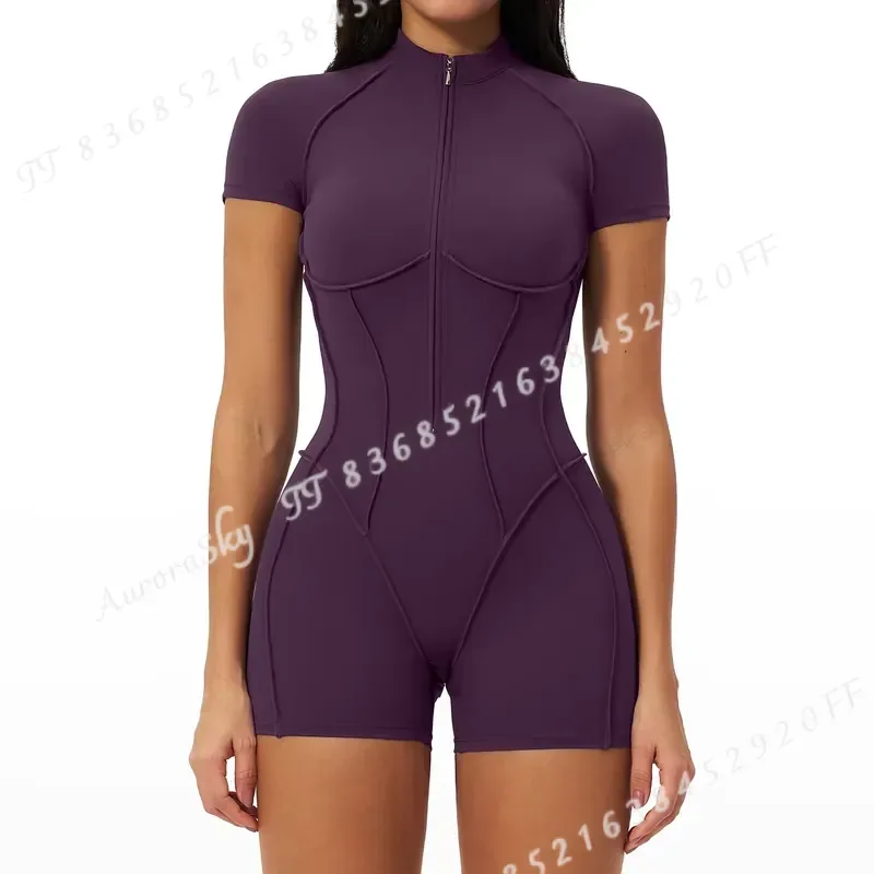 2026 Women Yoga Bodysuit Short Sleeve Zipper Jumpsuit Gym Tracksuit Sports Workout Romper Fitness One Piece Activewear Suit