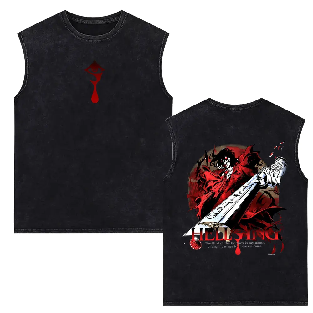 Anime Hellsing Vampire Alucard Vintage Washed Tank Tops Male Fashion Sleeveless Vest T-shirt Men Women Causal Oversized Tshirt