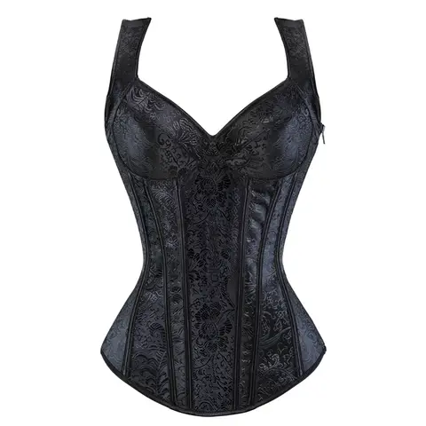 Women Corset with Straps Black Overbust Corset Plus Size Floral Jacquard Corset Zipper Top Gothic Steampunk Corset Bustier