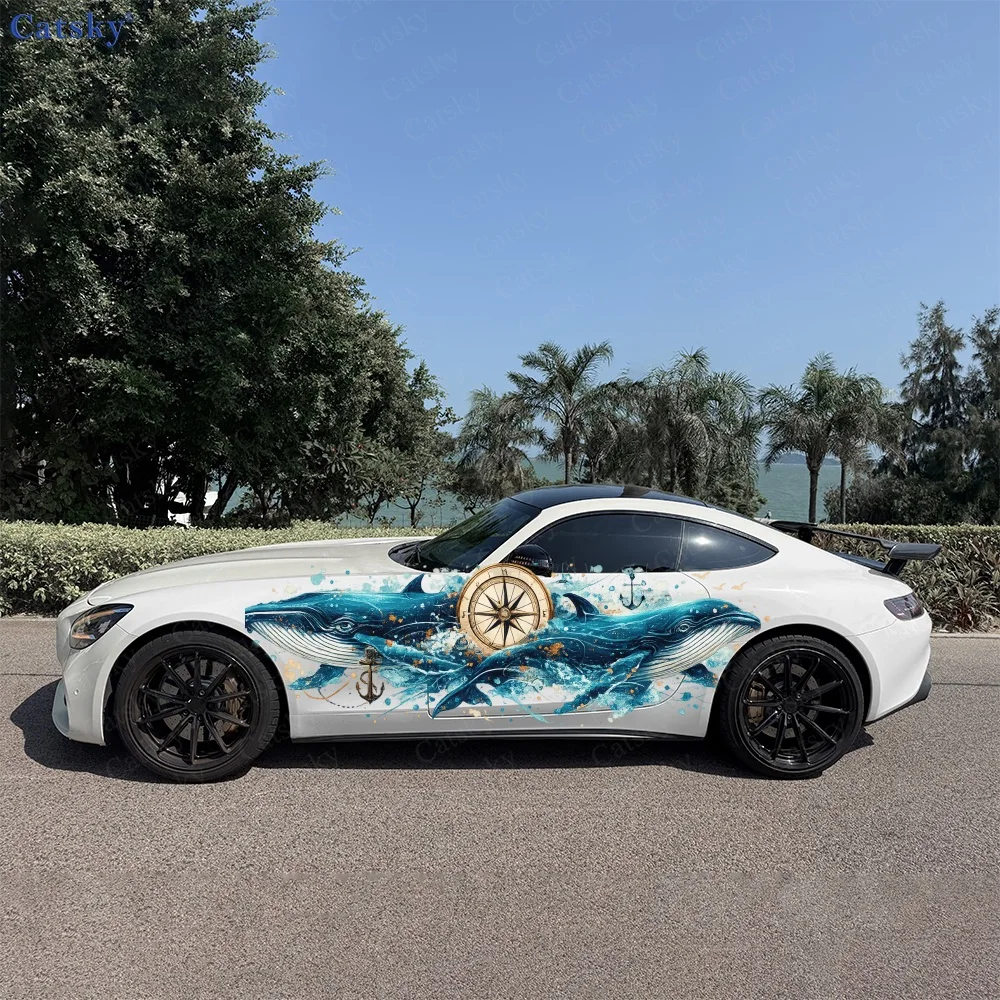 

2Pcs Whales with Nautical Elements Car Body Side Stickers, Automotive Door Side Graphics for Cars, Car Decoration Accessory