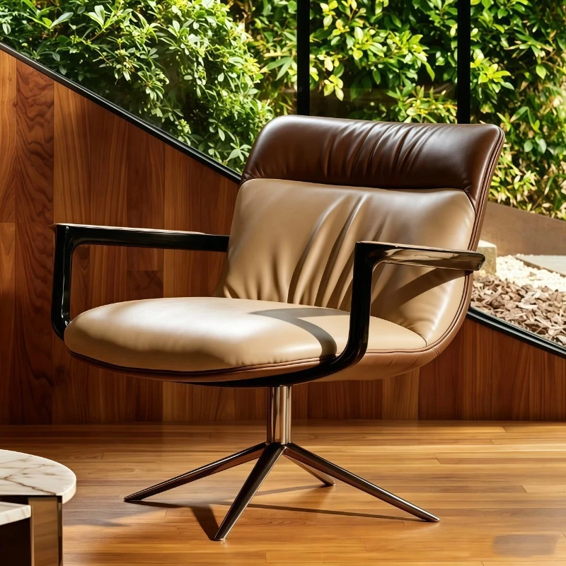 Handcrafted Leather Armchair Swivel Modern Padded Lounge Chair