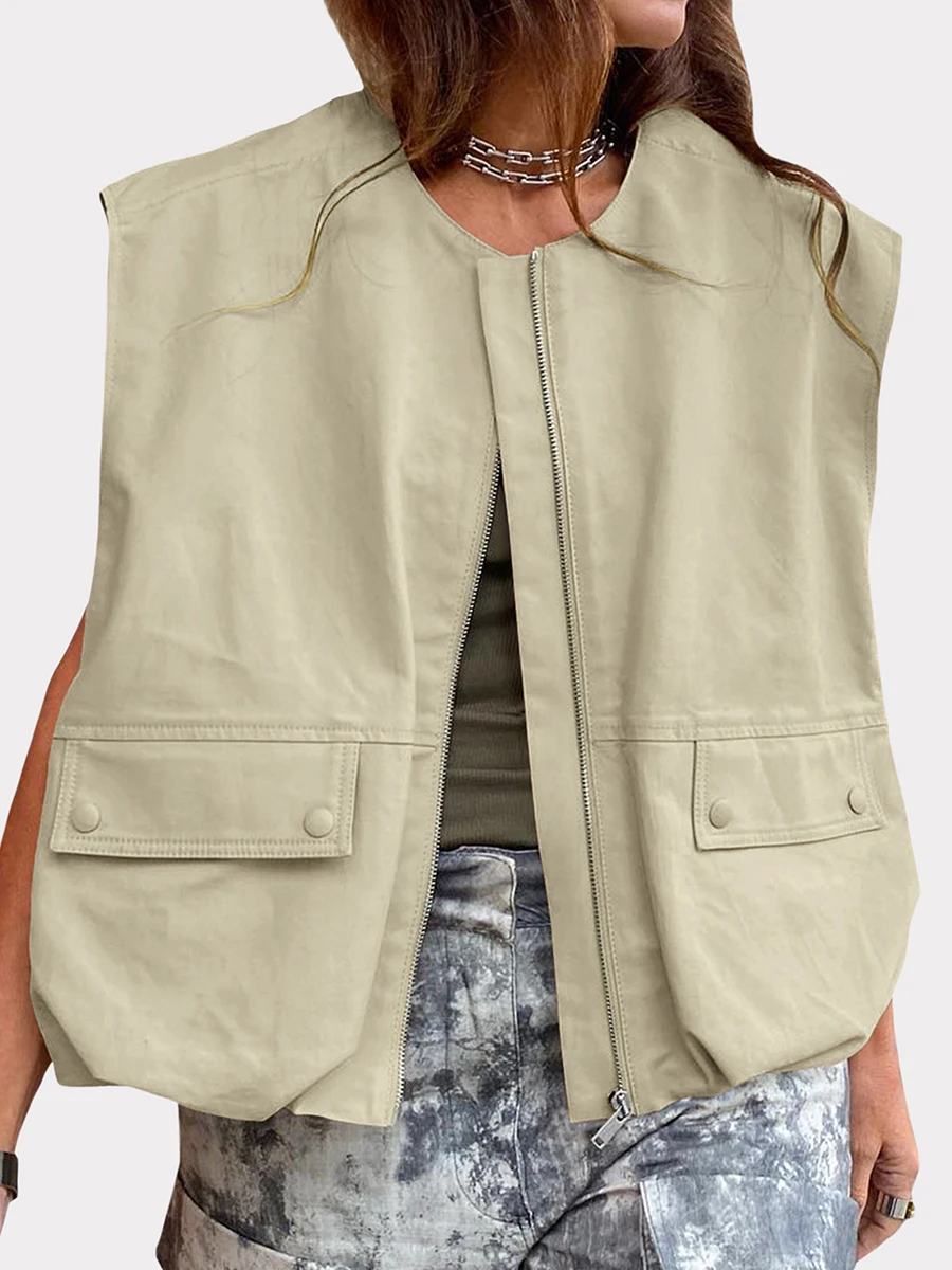 Women Y2k Oversized Cargo Vest Casual Zip Up Ruffle Vest Tops Fashion Sleeveless Waistcoat Tops with Pockets