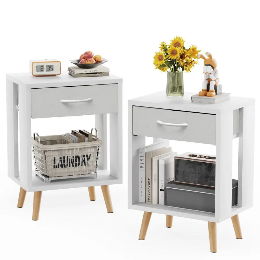 

Nightstands Set of 2 with Fabric Storage Drawer and Open Wood Shelf, Side Table with Storage for Bedroom, Night Stand with Drawe