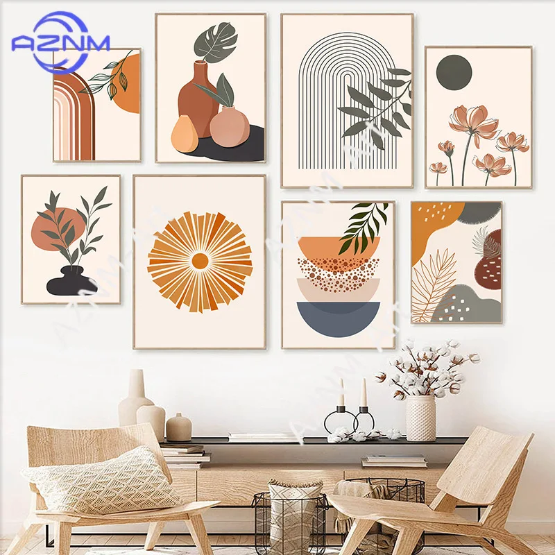 1PC Simple Nordic Abstract Geometry Plant Morandi art poster living room decor picture line canvas