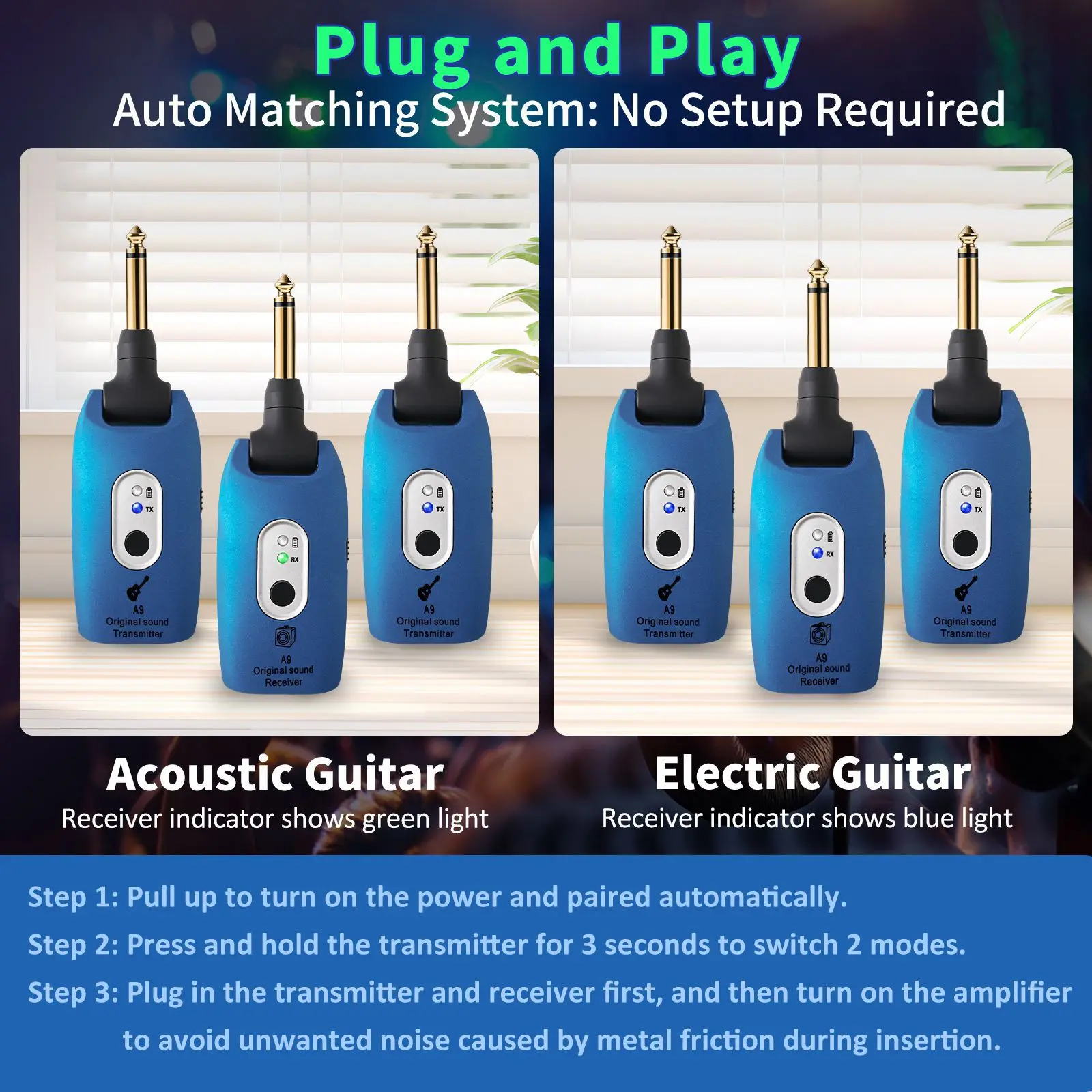 A9-2 Musical Instrument Wireless Audio Transceiver Guitar System Electric Bass Pickup Receiver Wireless Transmission