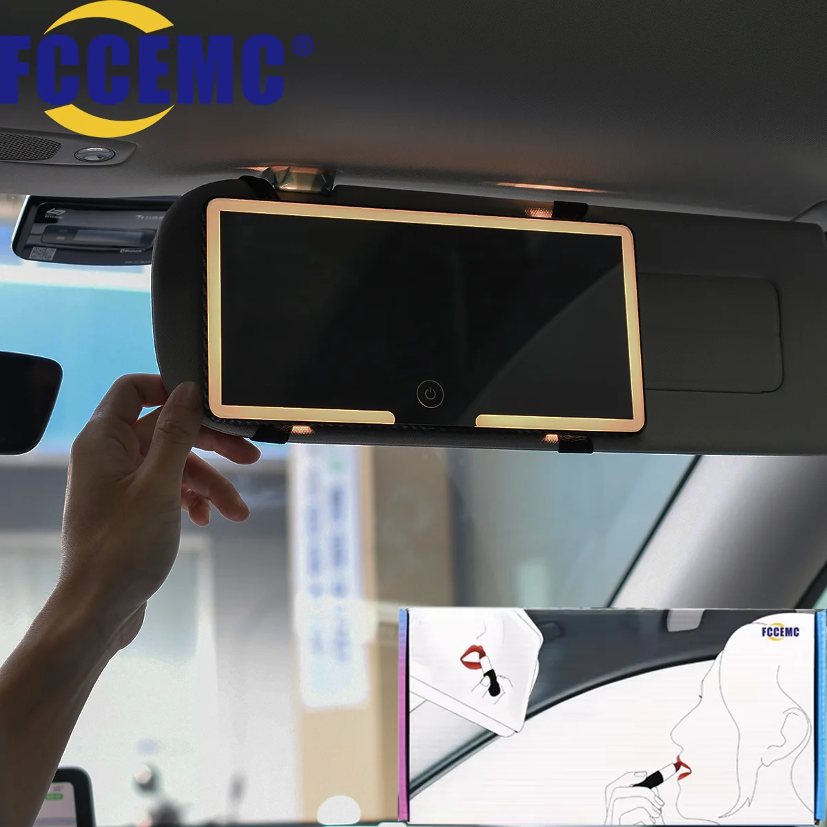 Car Interior Mirrors Sun Visor Plate LED HD Makeup Mirror Carbon Fiber Pattern Rechargeable Warm Yellow Fill Light Vanity Mirror