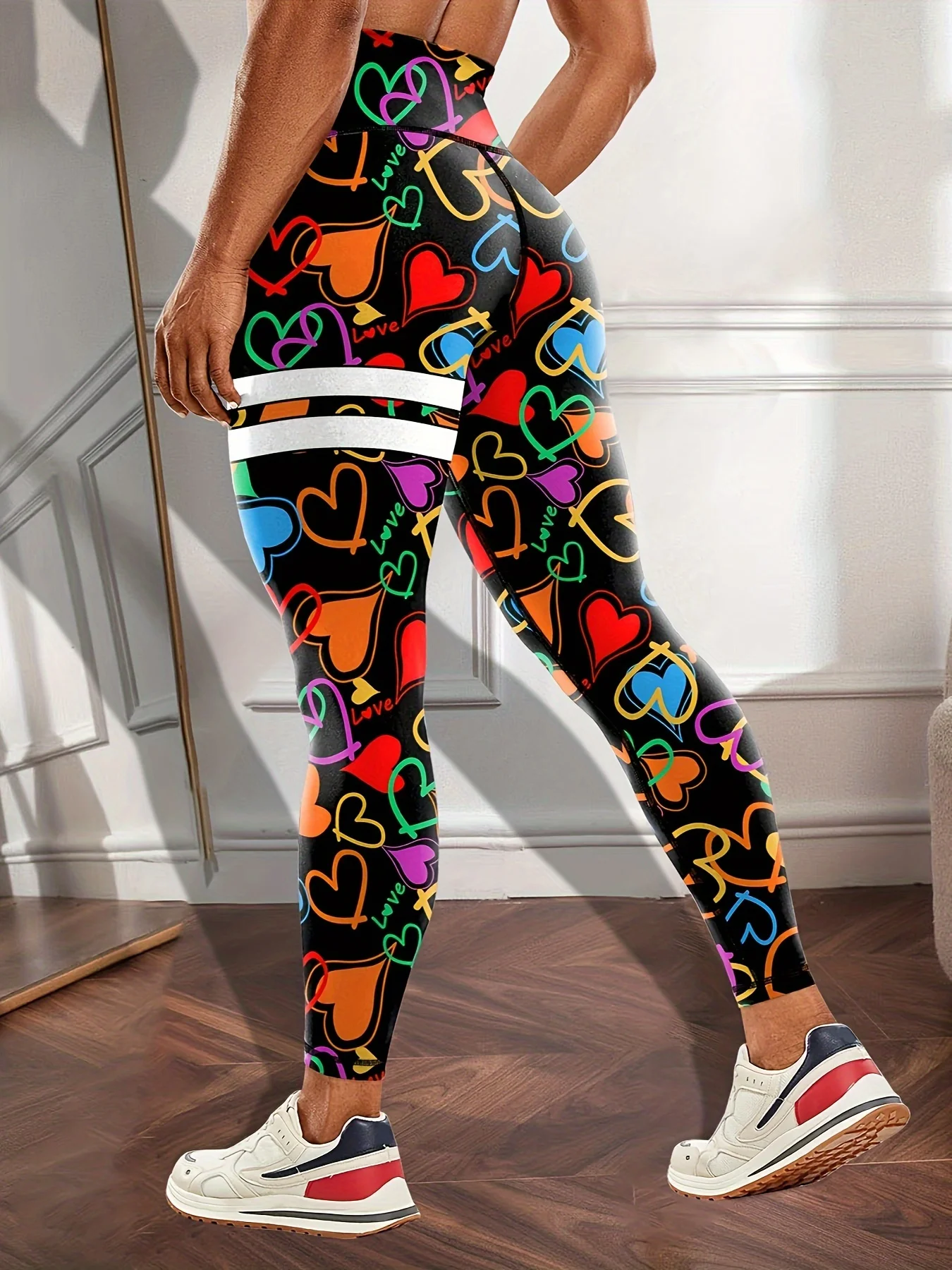 Women Mid Waist Fleece Lined Leggings Colorful Doodle Heart Print Slim Fit Thermal Winter Pants