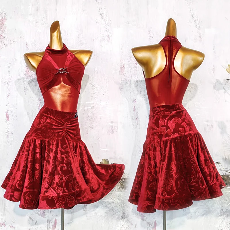 

2025 Red Latin Dance Dresses Women Sexy Mesh Jumpsuit Velvet Fishbone Skirt Split Suit Chacha Samba Tango Adult Dress DN21534