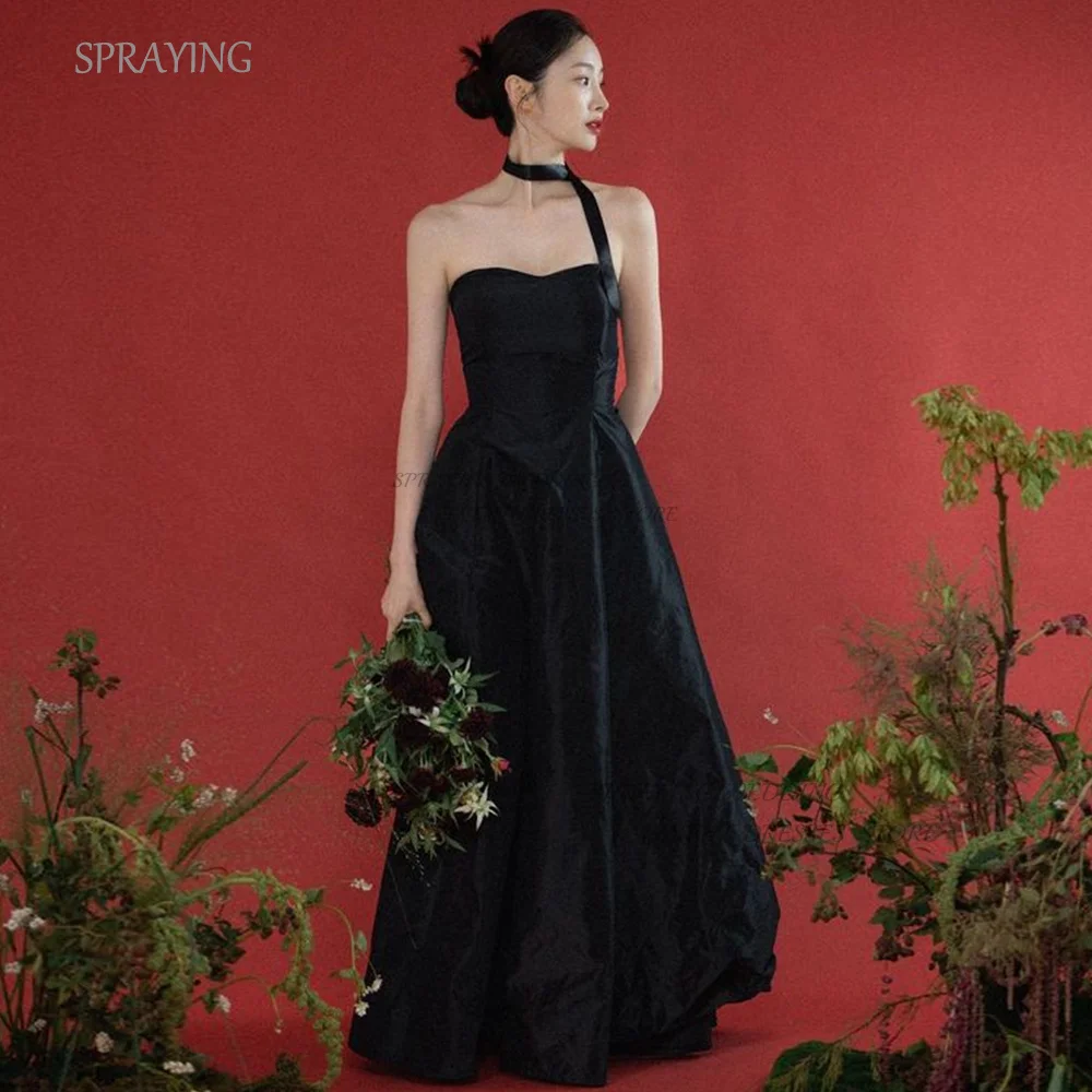 

SPRAYING Black Evening Party Dresses Simple Elegant Prom Gown A-line 웨딩 촬영 드레스 Custom Made Strapless Floor-Length 블랙 드레스