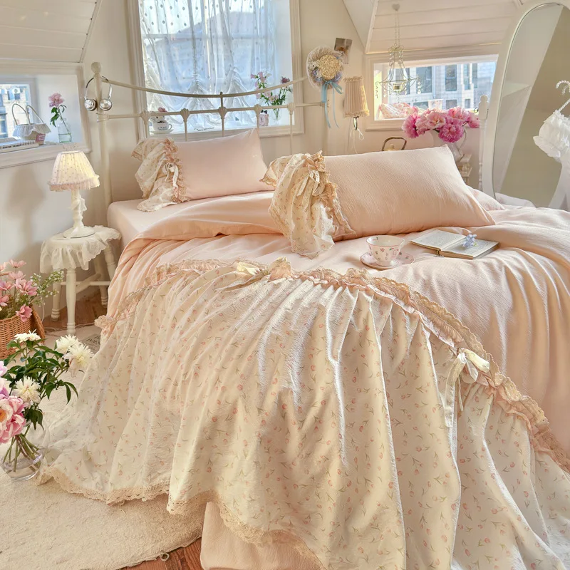 3/4Pcs Bedding Set French-Inspired, Girly, Princess-Style Bows and Lace Pink Duvet Cover Pillowcase Bedding Full Set Double Bed