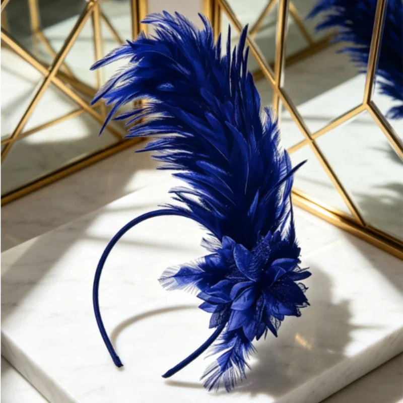 Flapper Feather Flower Headband, Single Side Handmade Ostrich Feather Hair Hoop, 1920s Party Bridal Photoshoot Accessory