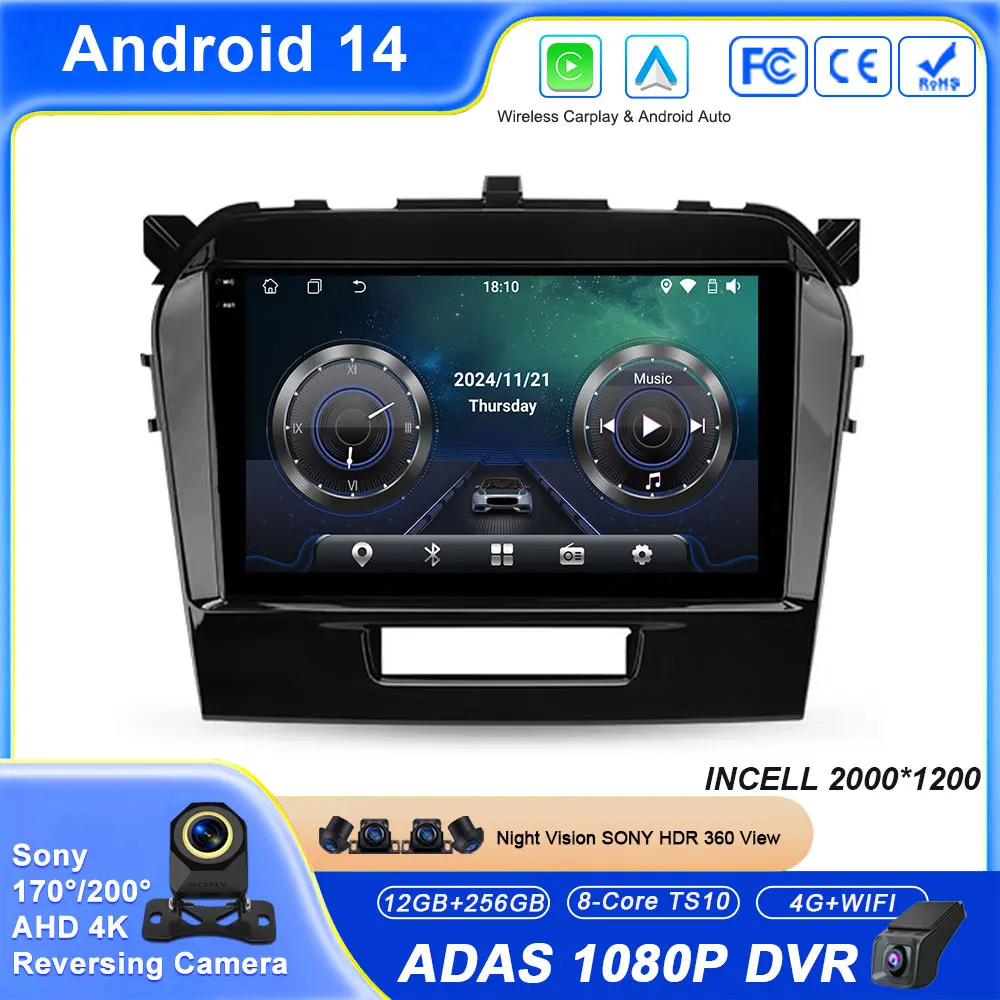 سيارة أندرويد لسوزوكي فيتارا 4 2014 - 2018 راديو تلقائي ستيريو رئيس وحدة مشغل وسائط متعددة لتحديد المواقع والملاحة Carplay BT No 2din DvD