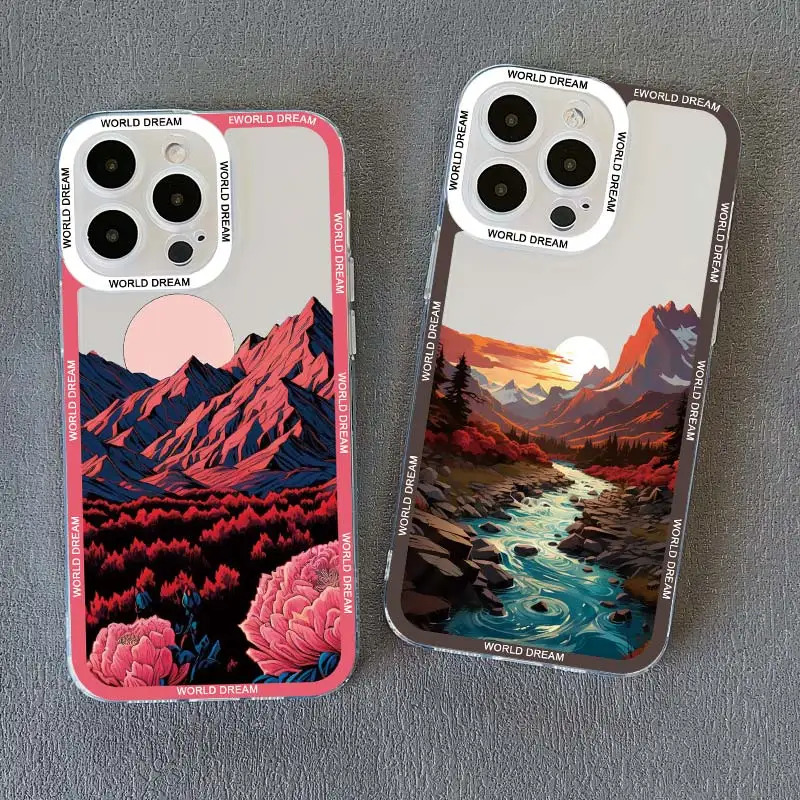 เคสโทรศัพท์แบบใสลายพระอาทิตย์ตกสุดหรูสำหรับ iPhone 15 14 13 12 11 PRO MAX x XS XR 14 15 PLUS SE2 7 8 Plus ฝาครอบภูมิทัศน์ทิวทัศน์