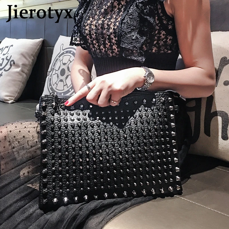 JIEROTYX Evening Clutch Bags for Women Luxury Brand Punk Rock Style Rivet Shoulder Envelope Bag Unisex Black Leather Handbags