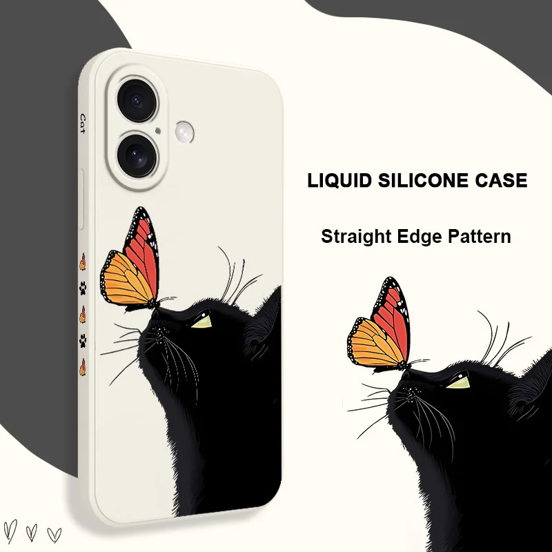 Butterfly Black Cat Phone Case For iPhone 16 15 14 13 12 11 X XR XS Plus Pro Max Mini Silicone Cover