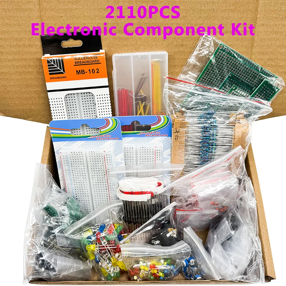 2110PCS Kit di componenti elettronici Ultimate Edition Vari condensatori comuni Resistori T0-92 LED PCB Board DIP-IC Breadboard