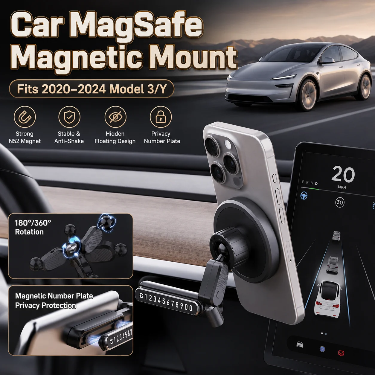 For Tesla Model 3 Model Y Car Phone Holder MagSafe Magnetic Mount 2020-2024 Floating Screen Mount Anti-Shake GPS Bracke