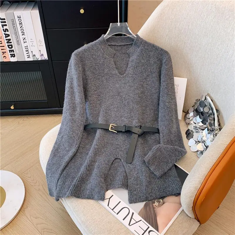 Lazy Style Sweater Set Skirt for Women\'s Autumn and Winter V-neck Pullover Knitted Sweater Top Half Skirt Fashion Two-piece Set