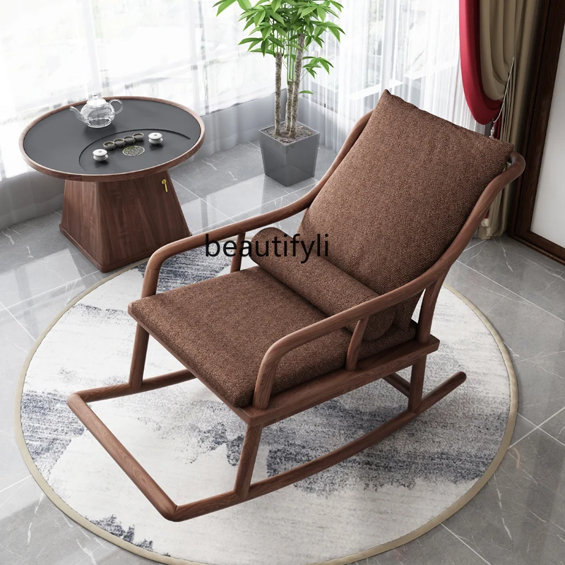 New Chinese Style Solid Wood Rocking Chair Recliner Walnut Color Living Room Rocking Chair Sofa Leisure Lazy Bone Chair