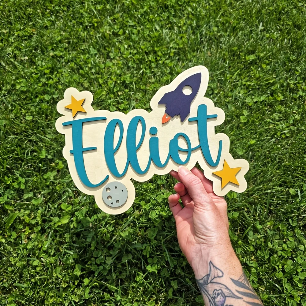 Personalized Space-Themed Room Sign - Customizable Name with Green Letters and Blue Rocket, Wooden Easy-to-Install Door Hanging image 4