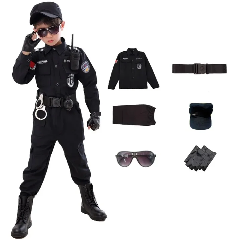 SWAT Halloween Policial Cosplay Fantasias para Crianças, Uniforme Policial de Carnaval Infantil, Soldado Policial do Exército, 110-160cm, 7 Unidades, Conjunto