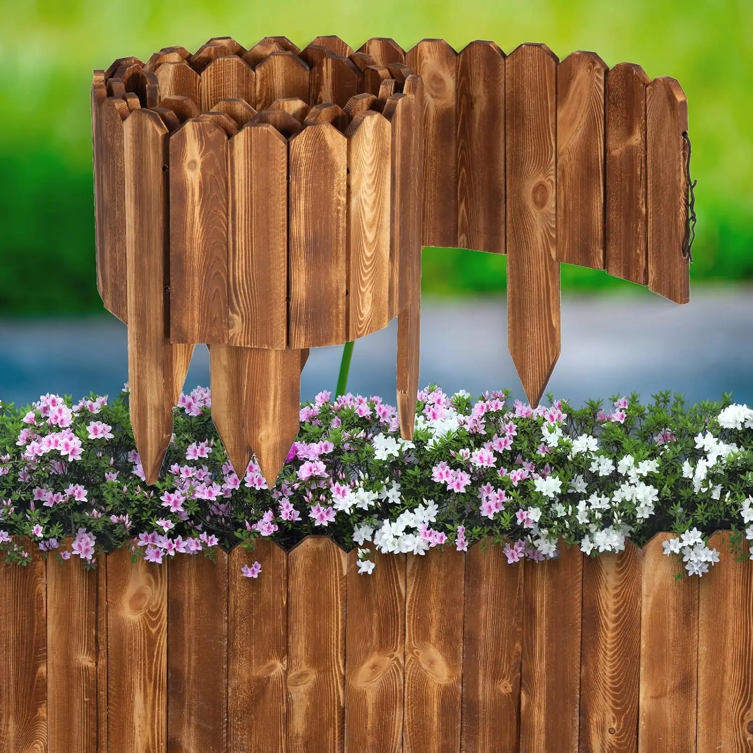 

Wood Garden Fence, 8in H x 12ft L Decorative Landscape Edging Border for Yard Tree Flower Bed, Brown