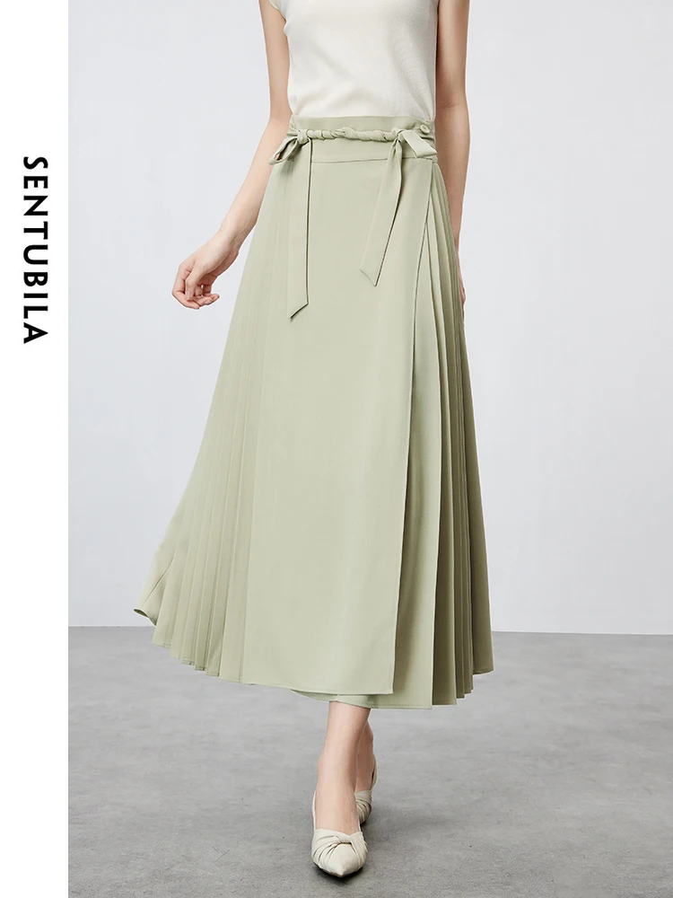 SENTUBILA Women Chinese Horse Face Pleated Skirt 2024 Summer Fashion Light Green Loose Tie Belted Midi Skirt Female 142Q54708