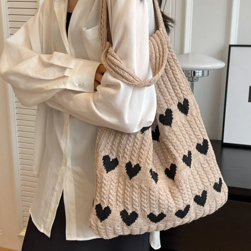 

Вязаная сумка Love с вырезами, богемная сумка для хранения, вязаная крючком большая сумка, большая вместительная сумка с узором в виде сердца, сумка на плечо для девочек