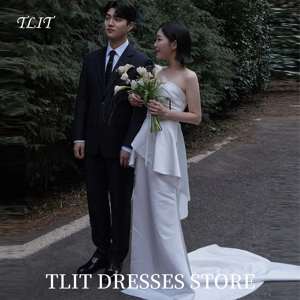 TLIT Simple White Soft Satin 2-pieces Wedding Dresses Korea Wedding Dress Photo Shoot High Side Split Bridal Gowns Customized