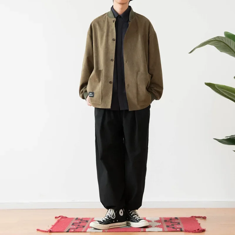 الرجال ربيع الخريف اليابانية خمر ثنيات الشامواه الجلود فضفاضة تناسب الكتف الكرة سترة العصرية ملابس خارجية الرجال الملابس
