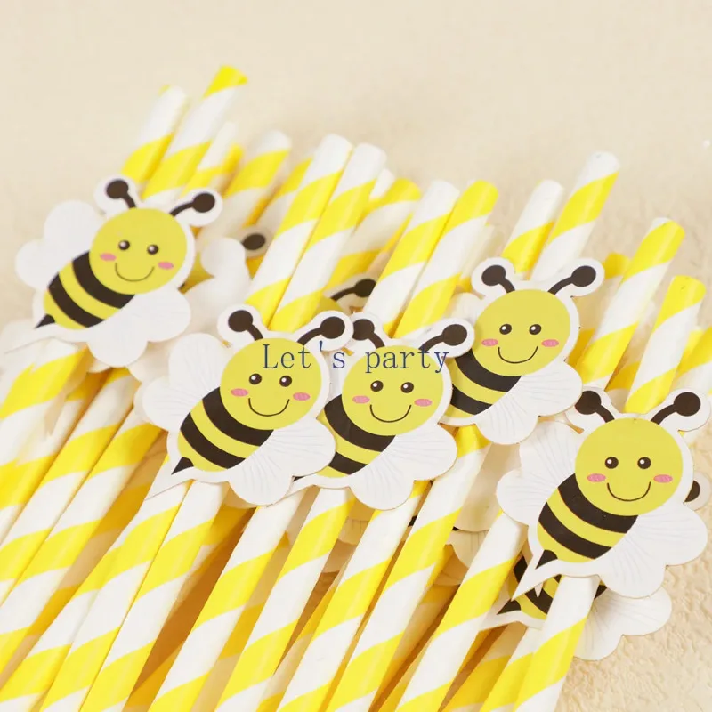 20Pcs Sweet Bee Theme Disposable Paper Straws Bar Drinking Straw Tableware for Kids Birthday Baby Shower Party Decorations