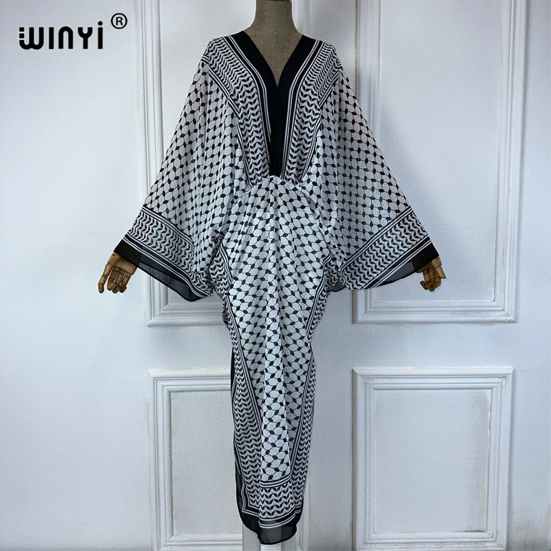 WINYI V-neck Perspective sexy dress Arabic traditional print women Loose Holiday Beach cover up Party Kaftanabaya dubai luxury