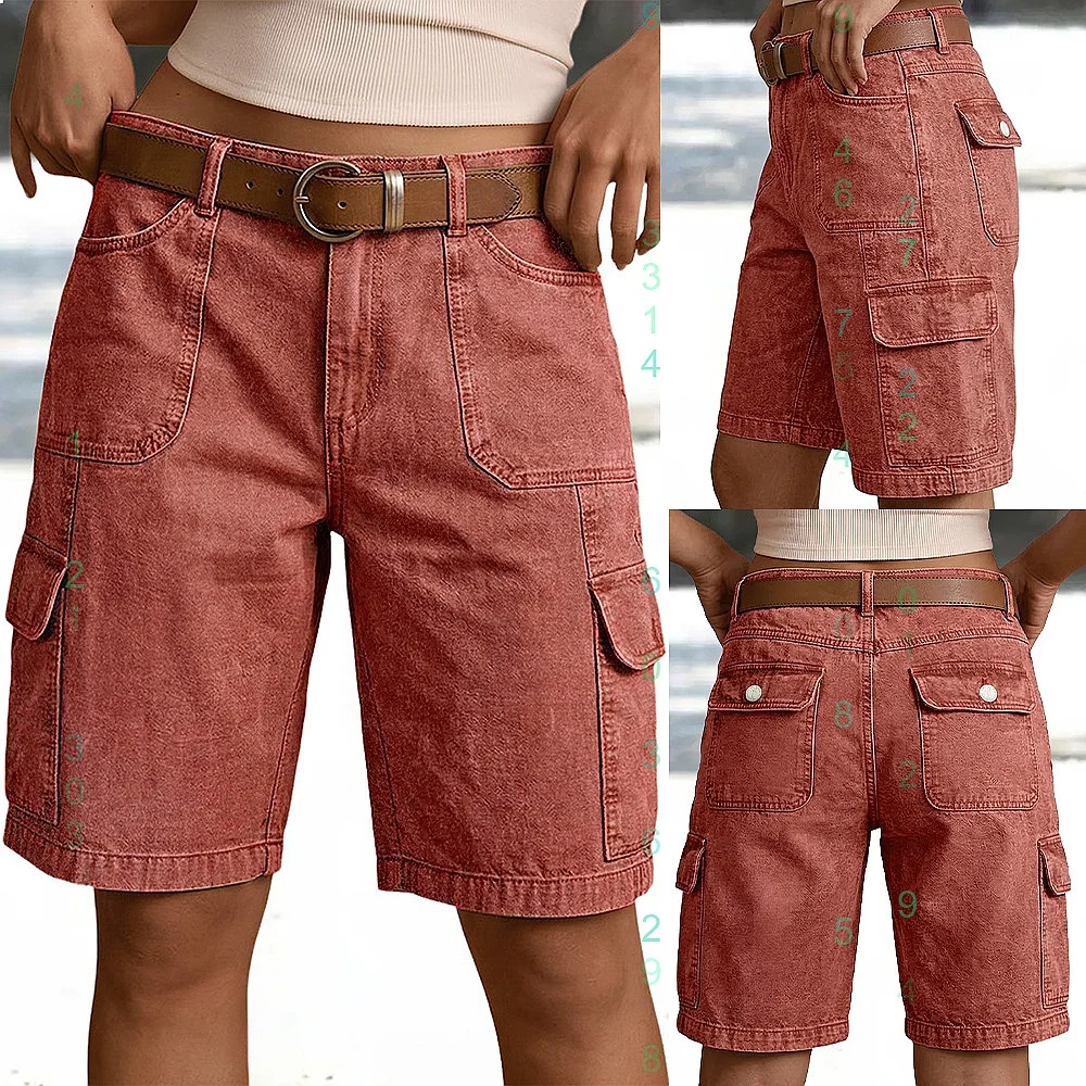 

Crosshatch Denim Shorts High Waisted Multi Pocket Casual Summer Shorts for Women