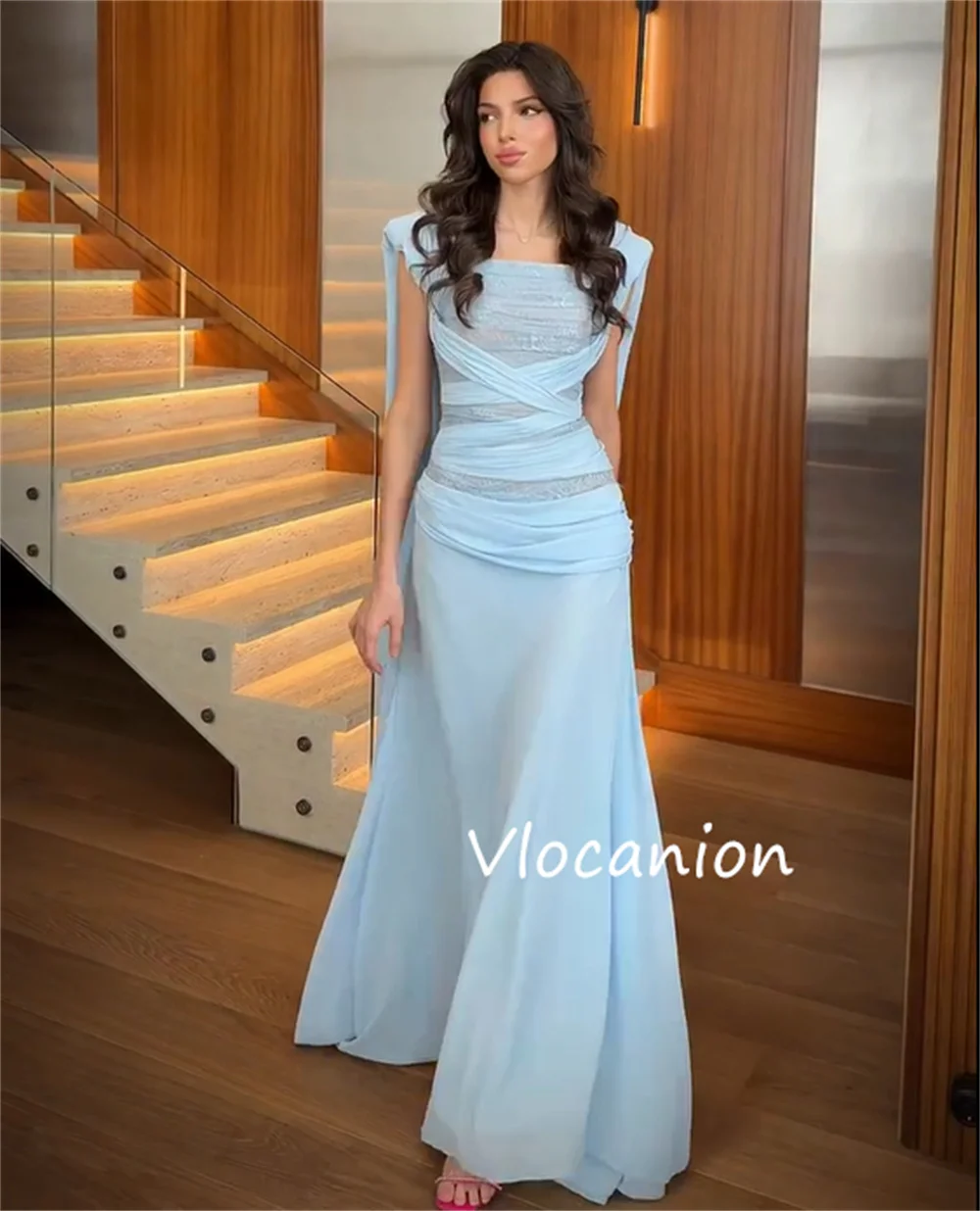 Customized Sexy Chiffon Pleat A-line Square Neck Long Bespoke Occasion Celebrity Dresses High Quality Matching
