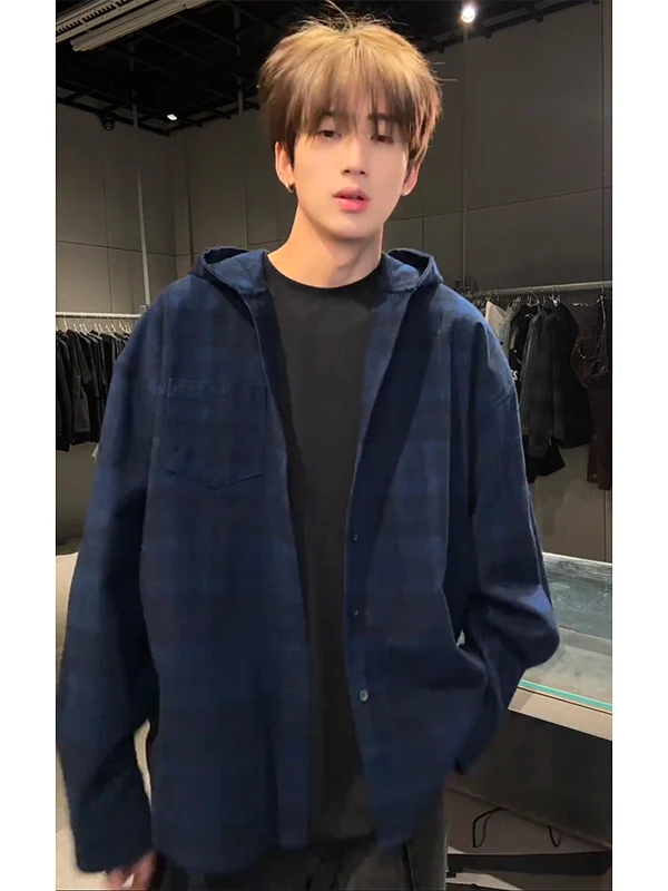 

Blue Brushed Plaid Hooded Shirt Jacket Men's American Retro Casual Long Sleeve Shirt Youth Trend Spring Season Regular Fit