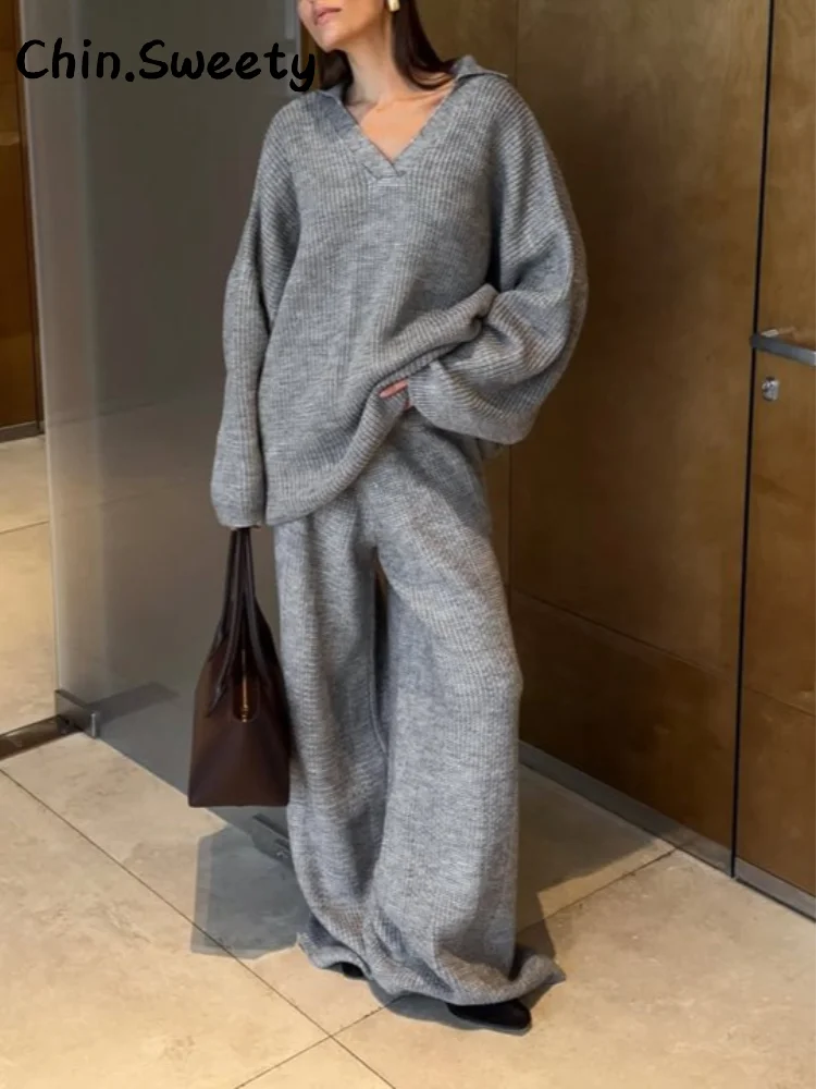 

Повседневные комплекты трикотажных брюк с шарфом, женские свободные однотонные пуловеры с v-образным вырезом и длинными рукавами, прямые брюки 2025 AUtumn, зимний женский комплект