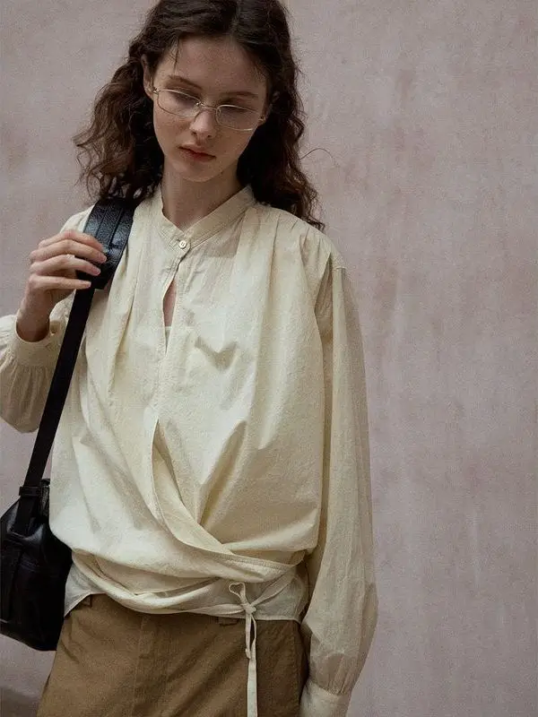 

Привет, сентябрь, хлопковый топ с запахом, тканый корейский дизайн, свободный крой, длинный све, средней длины, чистый цвет, с высоким воротником